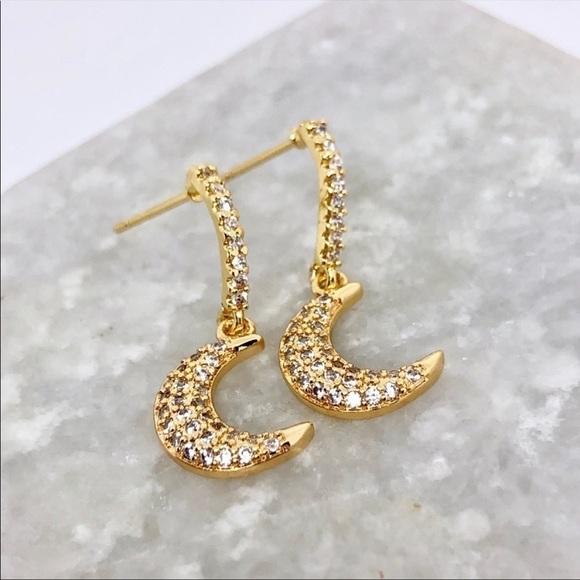 Paved Cubic Zirconia Gold Plated Moon Earrings - Picture 2 of 6